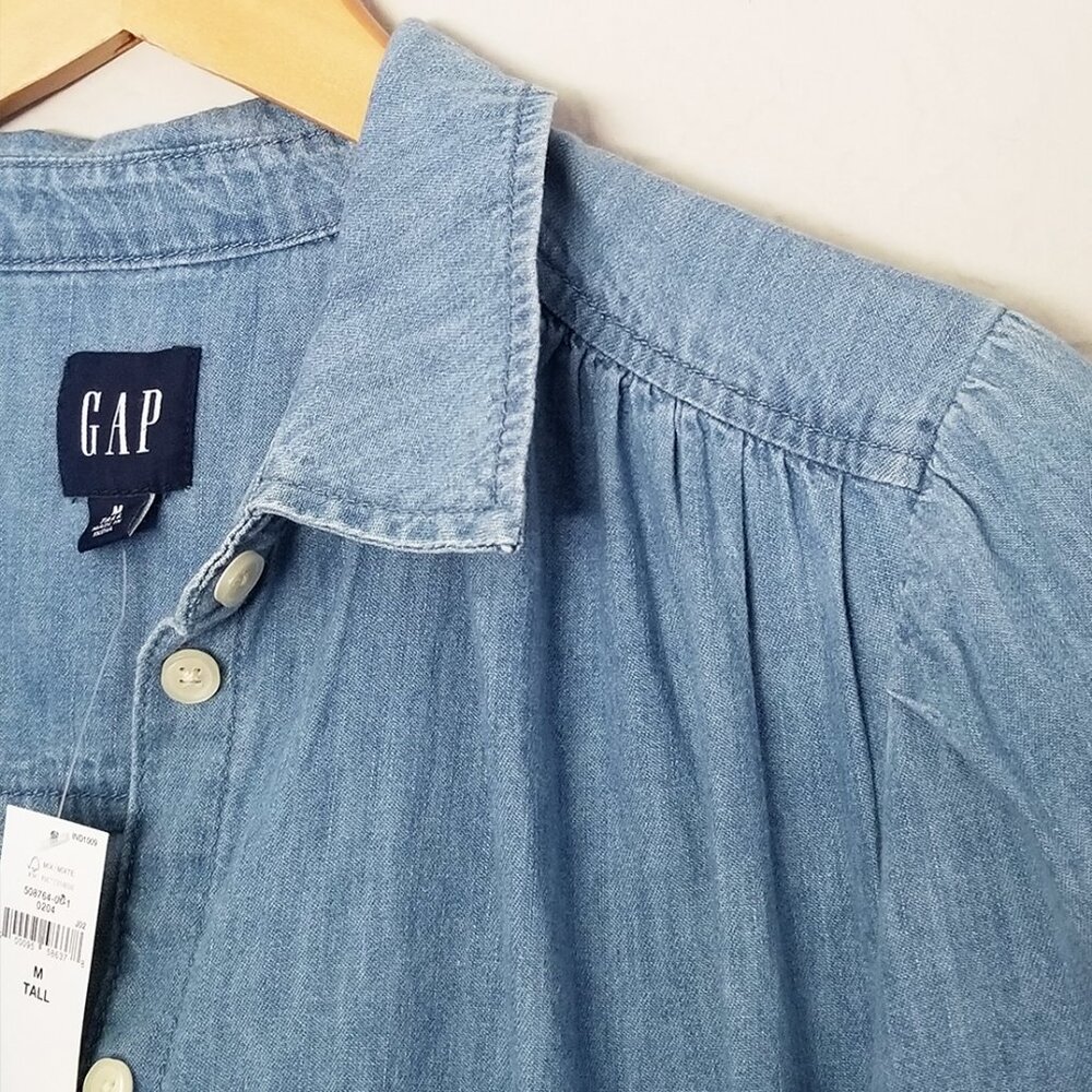 NEW Gap Puff Sleeve Denim Mini Shirtdress M Tall Long Chambray Tiered Boho $80 - Picture 9 of 15